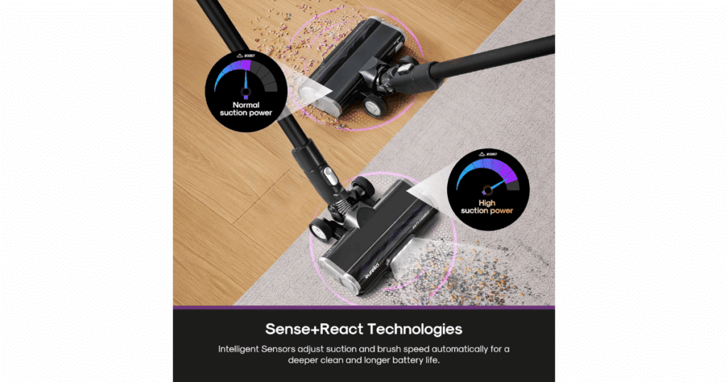 Eureka ReactiSense adjusting suction power on different floor types