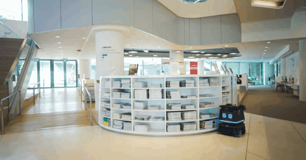 LionsBot’s R3 VAC vacuum robot at work in a library.