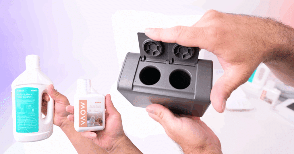 MOVA V50 Ultra robot vacuum dock featuring a dual solution tank with selectable cleaning formulas for customized floor care.