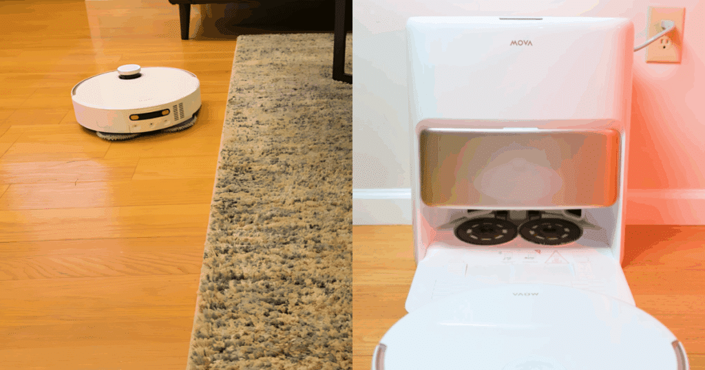 Robot vacuum with mop pads that automatically lift 10.5 mm to keep carpets dry and use magnetic attachments for easy removal.