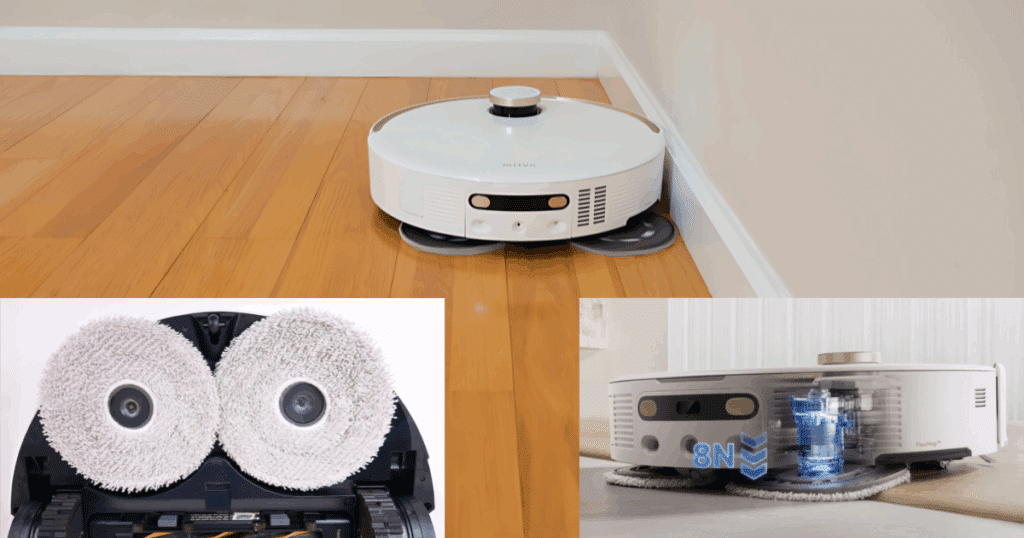 MOVA V50 Ultra Complete uses two spinning mop pads that extend for side coverage and exert pressure when mopping.
