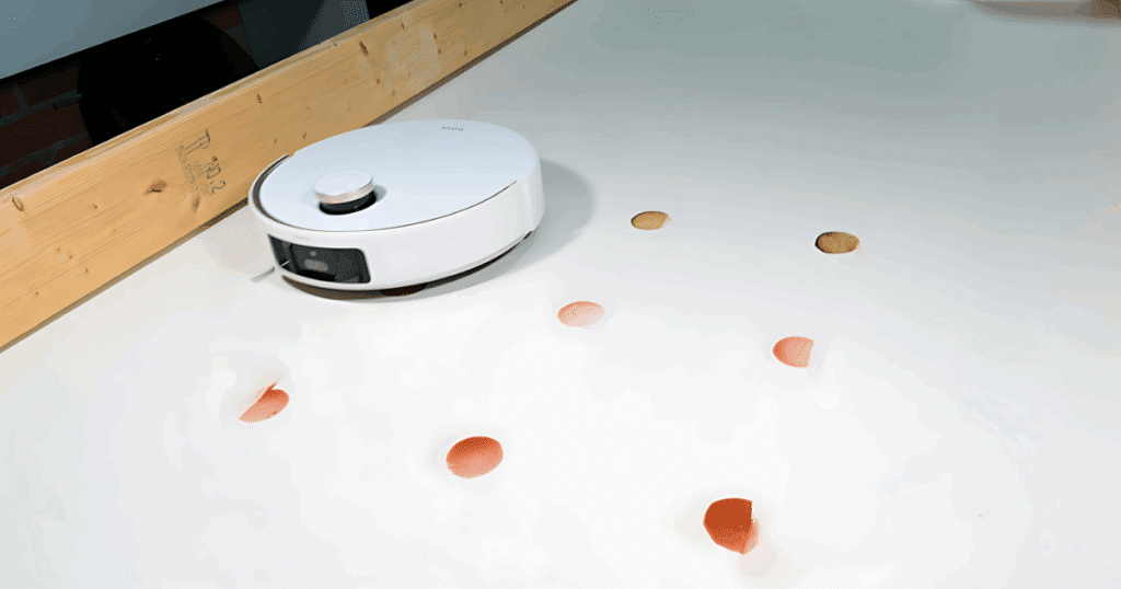 MOVA V50 Ultra robot vacuum mopping a dried-on stain during testing at the Vacuum Wars studio.