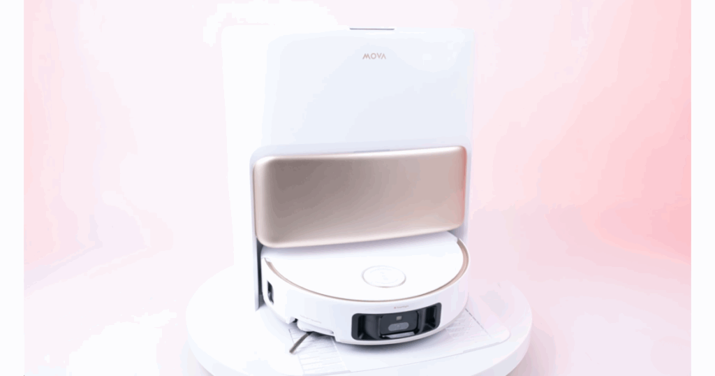 MOVA V50 Ultra robot vacuum returning to its multi-functional dock that performs additional cleaning and maintenance tasks.