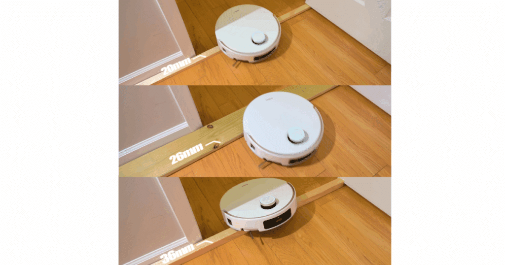 MOVA V50 Ultra using its wheel-raising system to cross three threshold, handling up to 60 mm two-tiered and 38 mm straight-up obstacles.