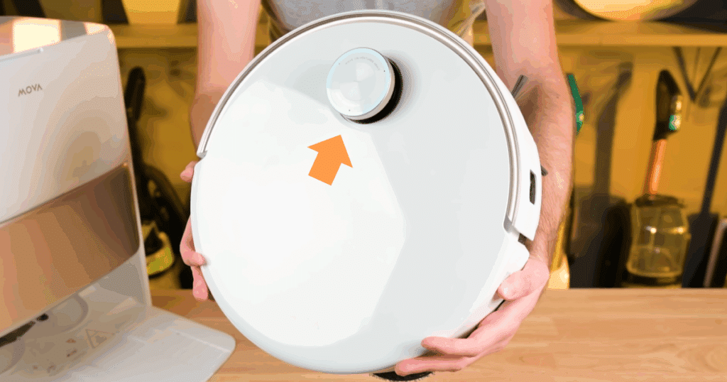 MOVA V50 Ultra robot vacuum with retractable top-mounted lidar for smart navigation, reducing height to 89.5 mm to fit under low furniture.
