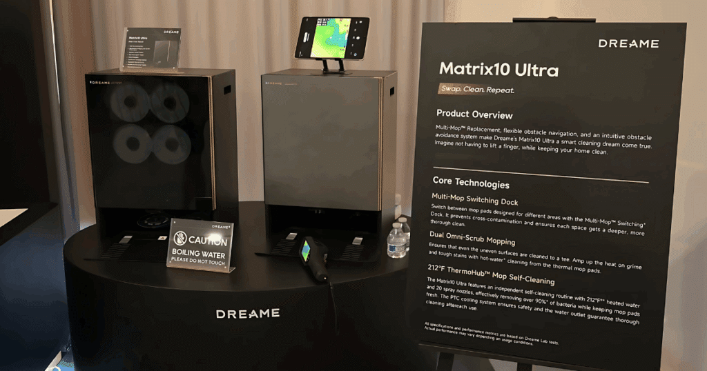 The Dreame Matrix10 Ultra robot vacuum and mop combo presented at the Dreame 2025 launch event. 