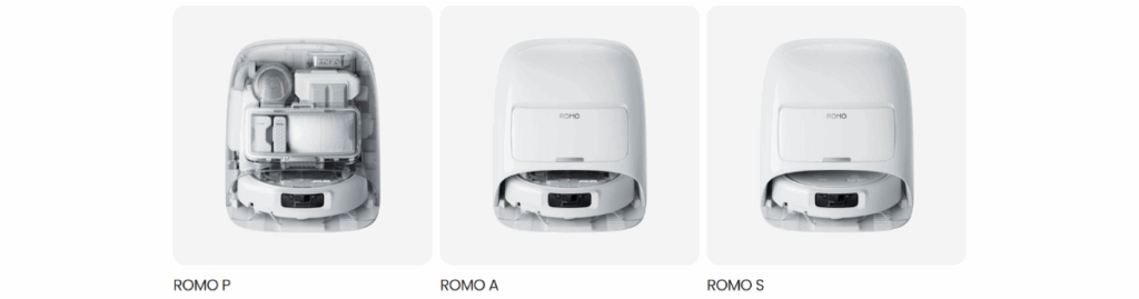 Three DJI Romo vacuum models side by side — Romo P featuring a fully transparent vacuum body and docking station, Romo A with a transparent top panel, and Romo S in a solid opaque white housing.