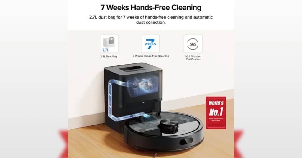 Marketing graphic of the Q7 M5+ auto-empty dock highlighting a 2.7L dust bag and “7 Weeks Hands-Free Cleaning,” plus “SGS Filtration Certification.”