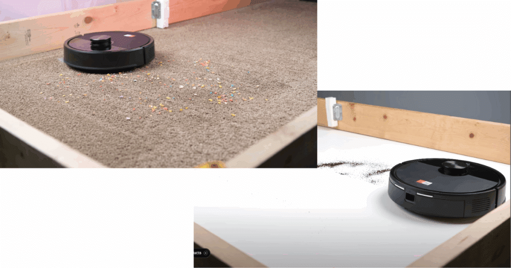 Roborock Q7 M5 vacuuming debris on carpet and hard floor in our studio evaluations.
