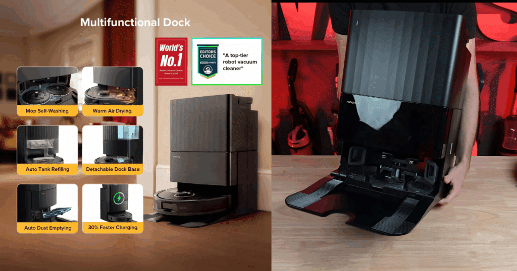 The Qrevo S5V’s dock auto-empties the dustbin, supports fast and off-peak charging, washes and warm-air-dries the mop pads, though it doesn’t use heated water for washing