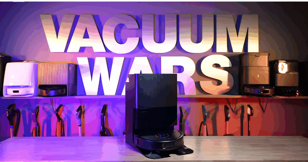 The Roborock Qrevo S5V with dock in the Vacuum Wars Studio © Vacuum Wars