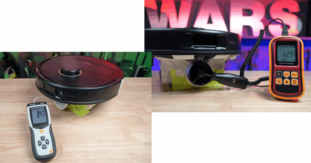 The Roborock Qrevo S5V had a below average score in our suction bench test (.47kPa to average of .83kPa - left) and average airflow (16 cfm to the average of 16.4 - right)