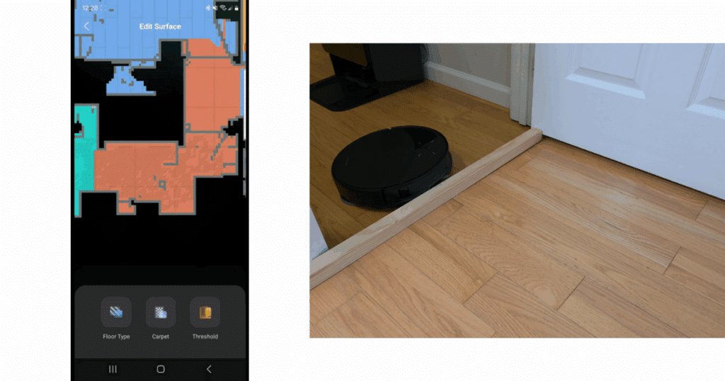 In the Roborock App, you can add thresholds in the map editing tool. Even with this intervention, our Saros 10R could not cross a 36mm board