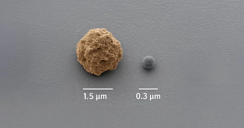 Microscopic comparison of 1.5 micron fog particles and 0.3 micron HEPA standard particles