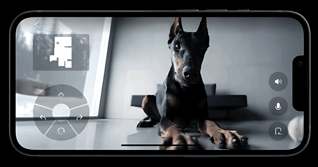 DJI Romo vacuum cleaner with integrated camera and microphone, supporting voice commands, real-time home monitoring, and two-way communication through its onboard camera system.