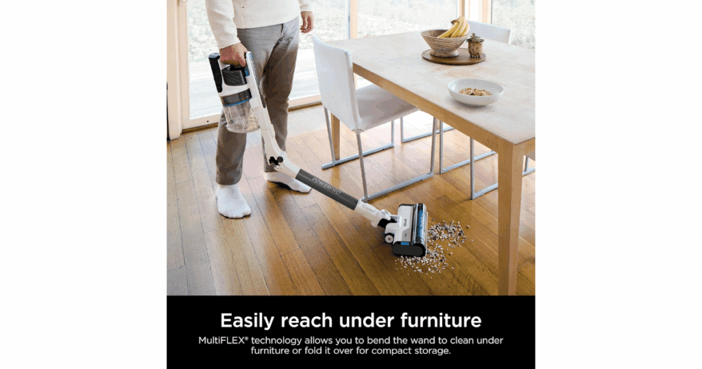 Shark PowerPro Flex vacuum with MultiFLEX wand bent to reach under low furniture