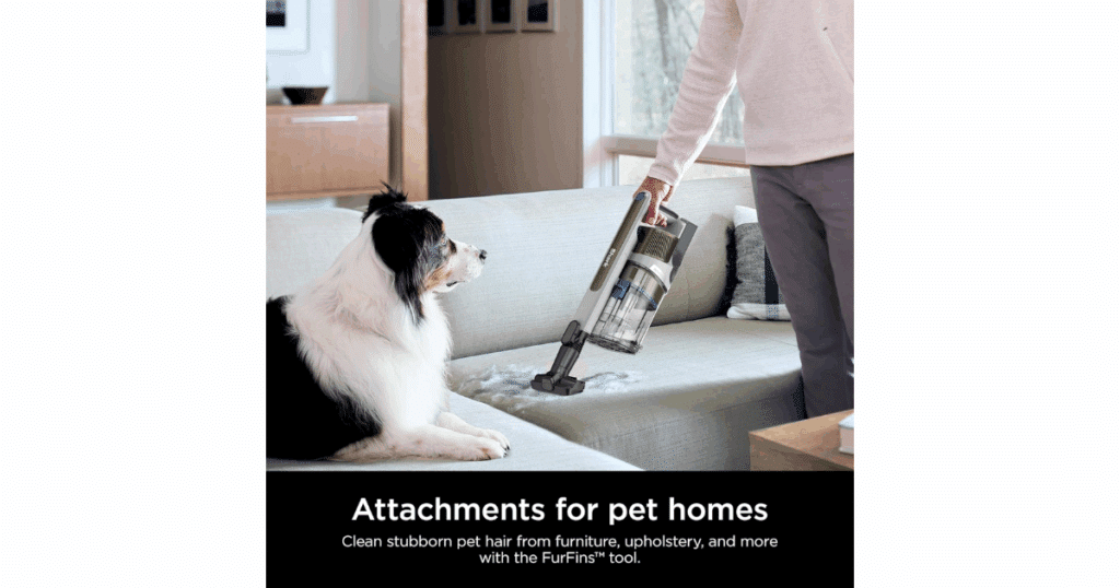 FurFins attachment tool cleaning embedded pet hair from carpet and upholstered furniture