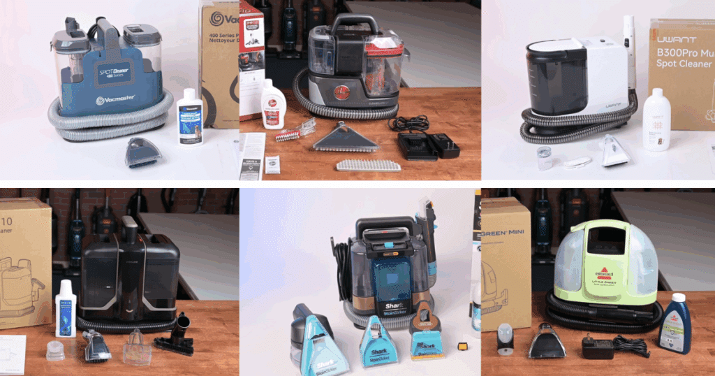 An array of Carpet Spot Cleaners with their attachment sets.