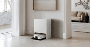 Samsung Bespoke AI Jet Bot Steam Ultra robot vacuum cleaning in a modern home setting