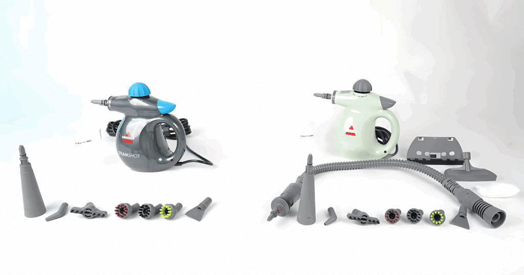 The Bissell SteamShot Deluxe has the same attachments as the regular SteamShot, plus a hose for better reach in narrow spaces, a window cleaning squeegee, and a fabric steaming tool