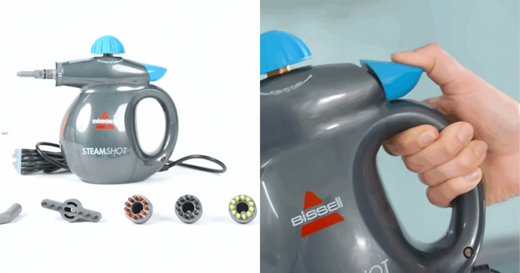 The Bissell SteamShot has different attachments for different jobs. Hold down the button to release steam