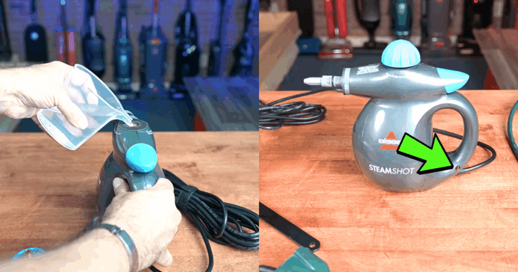 Adding cool water to the Bissell SteamShot and waiting for the red light to turn off to indicate that it is ready for use