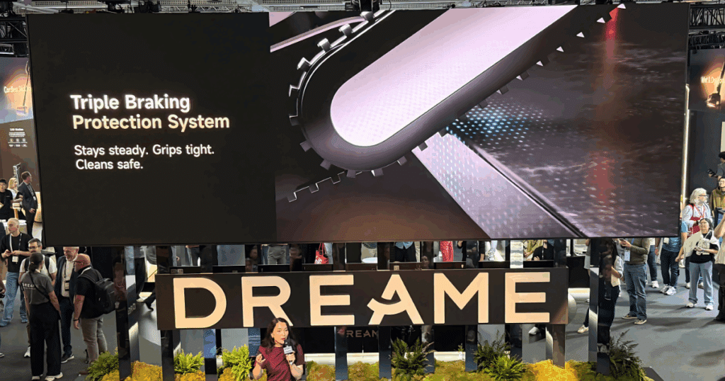 Dreame briefs Vacuum Wars and other attendees at IFA 2025 on the triple braking system and tread design on the CyberX stair-climbing robot © Vacuum Wars