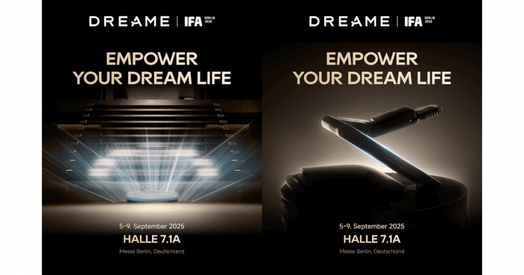 Dreame teaser images from German social media showing a robot vacuum near a staircase and another with a robotic arm ahead of IFA 2025.
