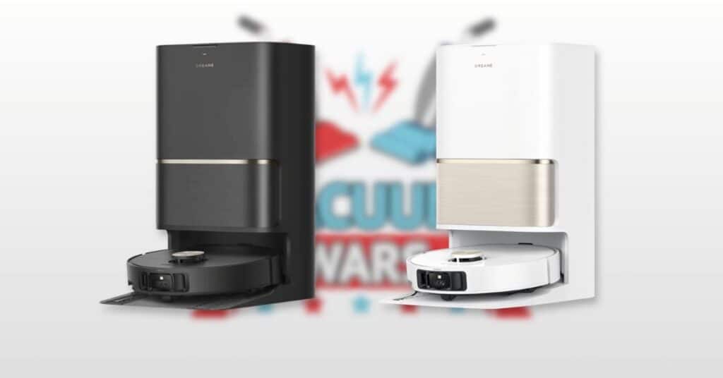 Dreame L50 Ultra robot vacuum shown in black and white versions side by side with charging docks.