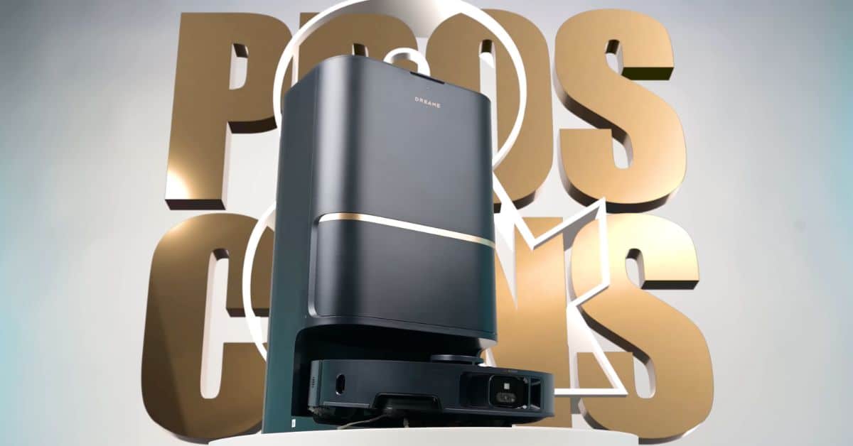 Dreame L50 Ultra robot vacuum in black with dock, standing against a background with large “Pros Cons” lettering.
