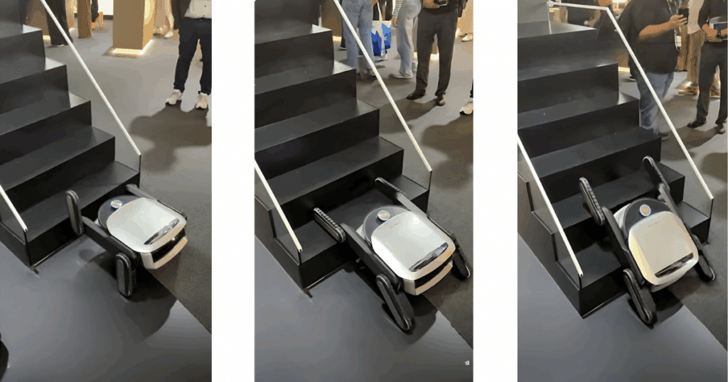 The Dreame CyberX carries the robot vacuum up the stairs with 4 treaded track wheels