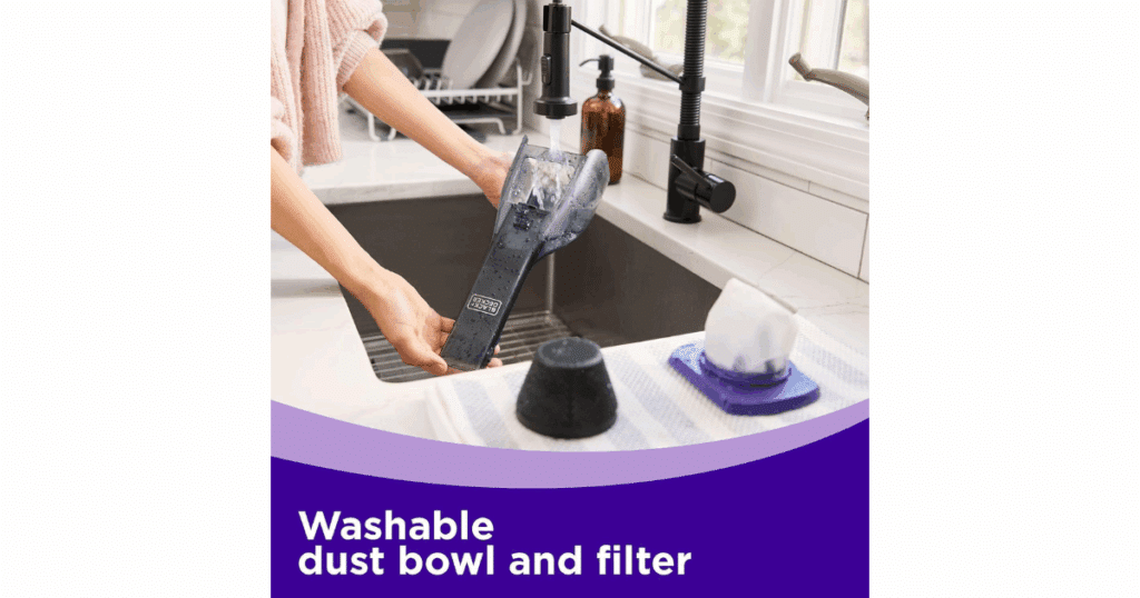 BLACK+DECKER dustbuster reveal handheld vacuum with removable, washable dust bowl and filter for easy maintenance.