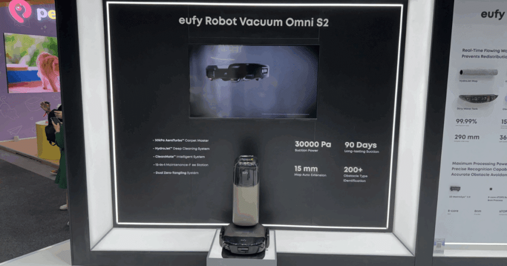 The Eufy Omni S2 delivers 30,000Pa suction, 3.3 lbs of downward mopping pressure, a 15mm mop extension for baseboards, and a DuoSpiral anti-tangle brush