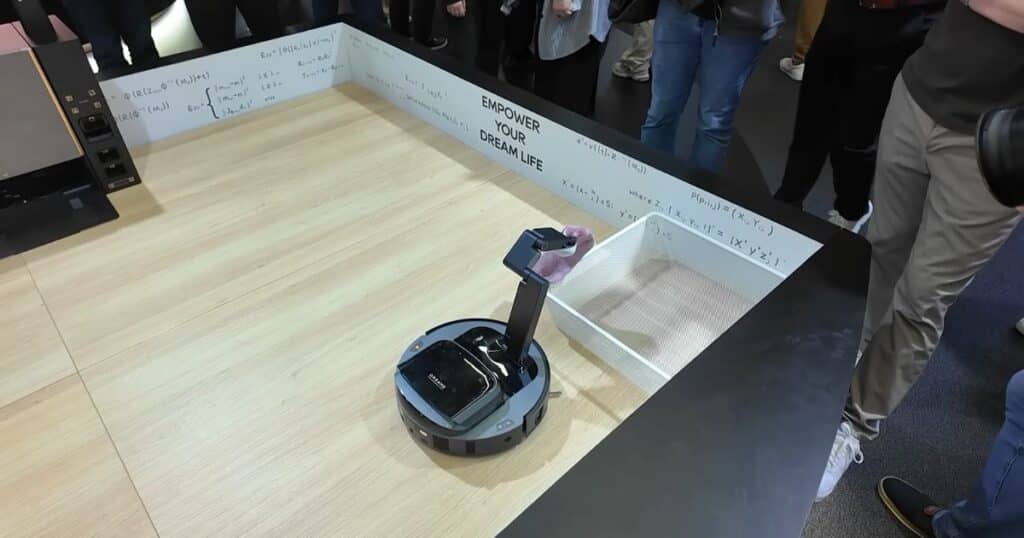 Dreame Cyber10 Ultra robotic arm picking up a small object during a live demo at IFA 2025 in Berlin.