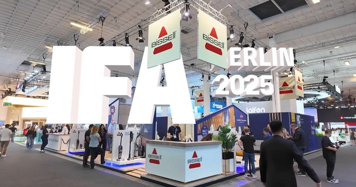 Wide view of the IFA 2025 exhibition floor in Berlin with a large “IFA 2025” banner and Bissell booth in the foreground.