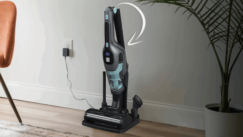Kenmore DS2000 cordless vacuum folded down, demonstrating compact design for limited storage areas.