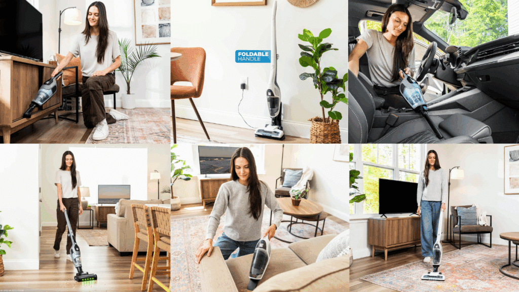 Feature highlights of Kenmore DS2000 and DS2010 cordless vacuums: cordless power, self-standing, foldable handle, handheld conversion, LED headlights, HEPA filter, and included accessories.
