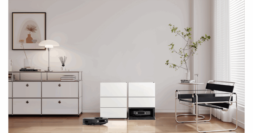 LG Robot Vacuum | Vacuum Wars Modern living room with a low sideboard and armchair, where an LG robot vacuum sits in a recessed base inside a white cabinet while another unit cleans the wood floor nearby.
