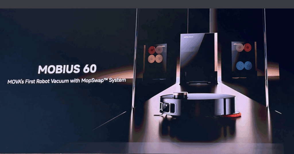 MOVA Mobius 60 robot vacuum with docking station showing MopSwap™ system for automatic pad changes.