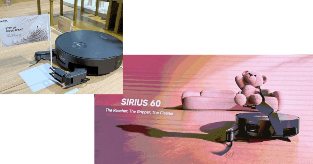 MOVA Sirius 60 robot vacuum with robotic arms shown gripping and cleaning near a sofa.
