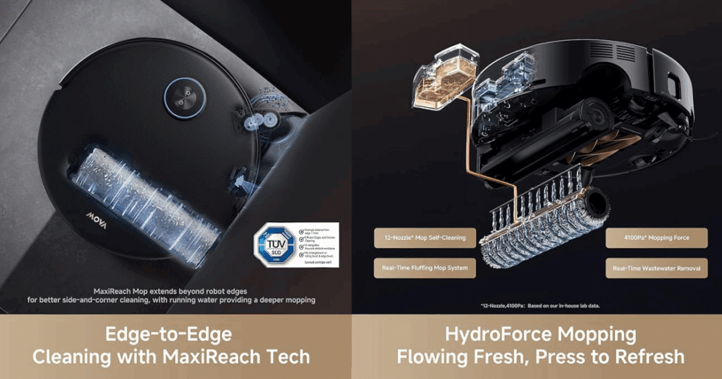 The MOVA Z60 Ultra Roller Complete has a roller that extends to the side for edge mopping and its water is continually refreshed with 12 nozzles.