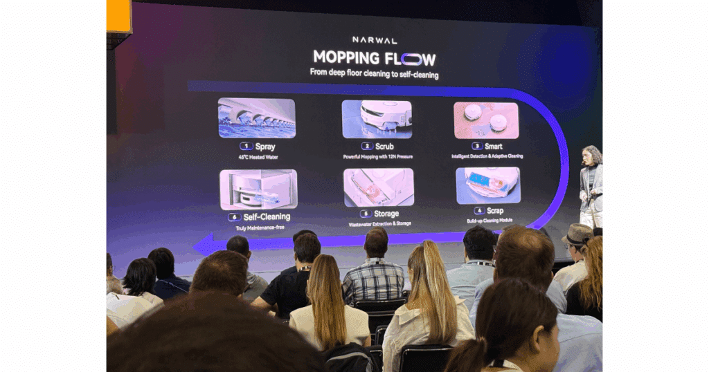 IFA 2025 presentation slide showing the Narwal Flow’s heated water mopping system with scraper and dirty water separation.