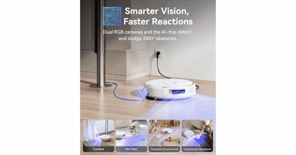 Narwal Flow robot vacuum with LiDAR mapping and dual RGB cameras for precise obstacle detection.