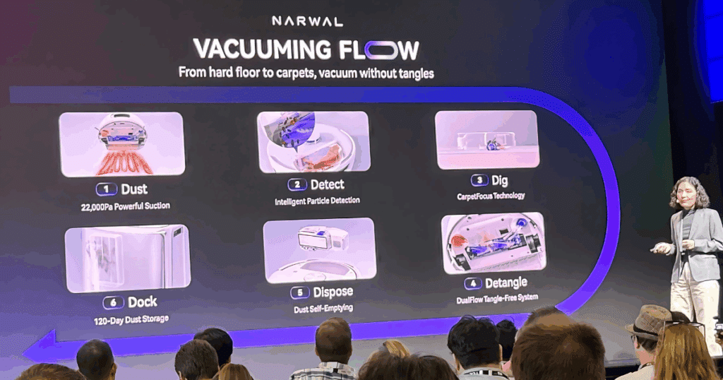 At IFA 2025 Narwal emphasized the high suction of 22,000Pa, intelligent dirt detection, and the higher carpet agitation from the anti-tangle main brush. 