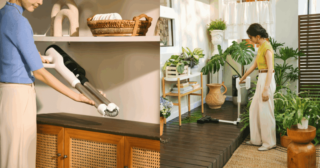 The Roborock H60's wand bends for cleaning and storage. Images Roborock