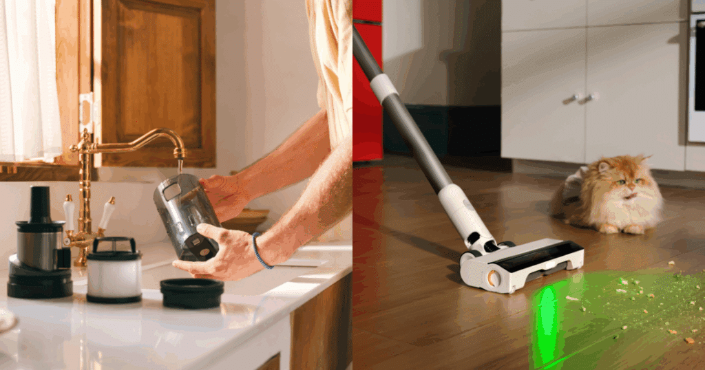 Washing the H60 Cordless Vacuum's filters and a greenlit LED dust detection feature on the floorhead.