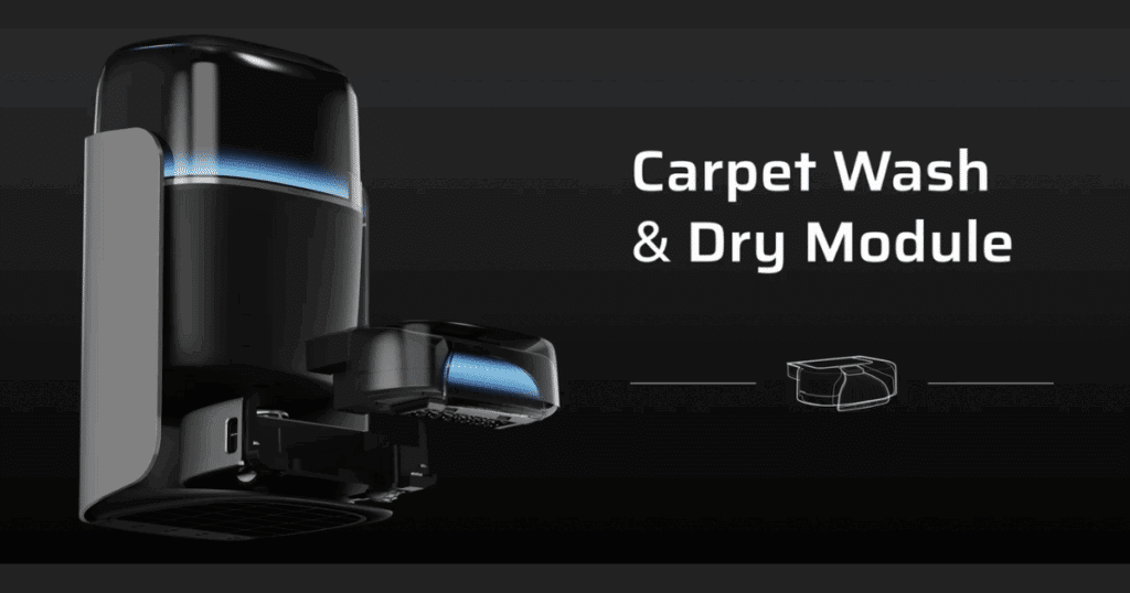 Robotin R2 carpet wash and dry module applies water, scrubbing, and heated air drying for carpets.