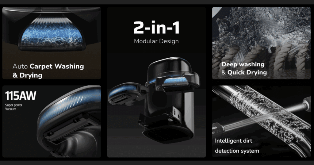 Robotin R2 2-in-1 modular design with interchangeable vacuuming and carpet cleaning modules.