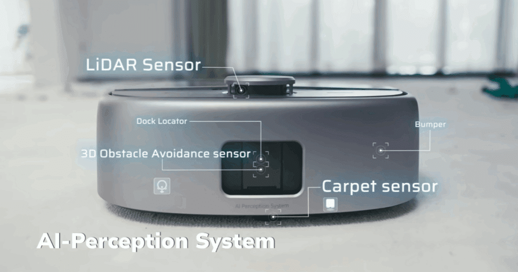 Robotin R2 AI-Perception System with 12 sensors and AI navigation for obstacle avoidance and carpet mapping.