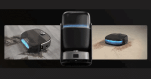 Robotin R2 robot carpet cleaner with modular vacuuming and carpet washing system shown with automated base station.